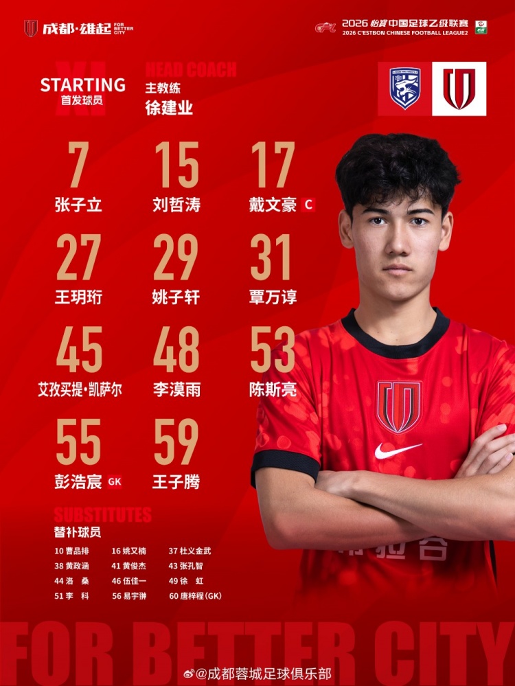 武汉三镇B队对阵成都蓉城希拉谷首发公布