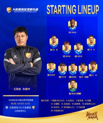 大连鲲城客战无锡吴钩首发公布 三外援领衔锋线