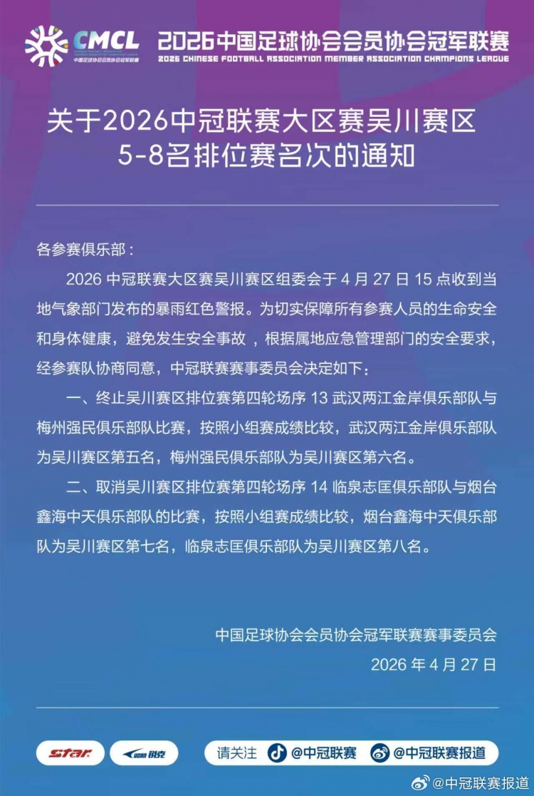 中冠吴川赛区暴雨红色预警：两场排位赛终止取消，小组赛成绩定座次