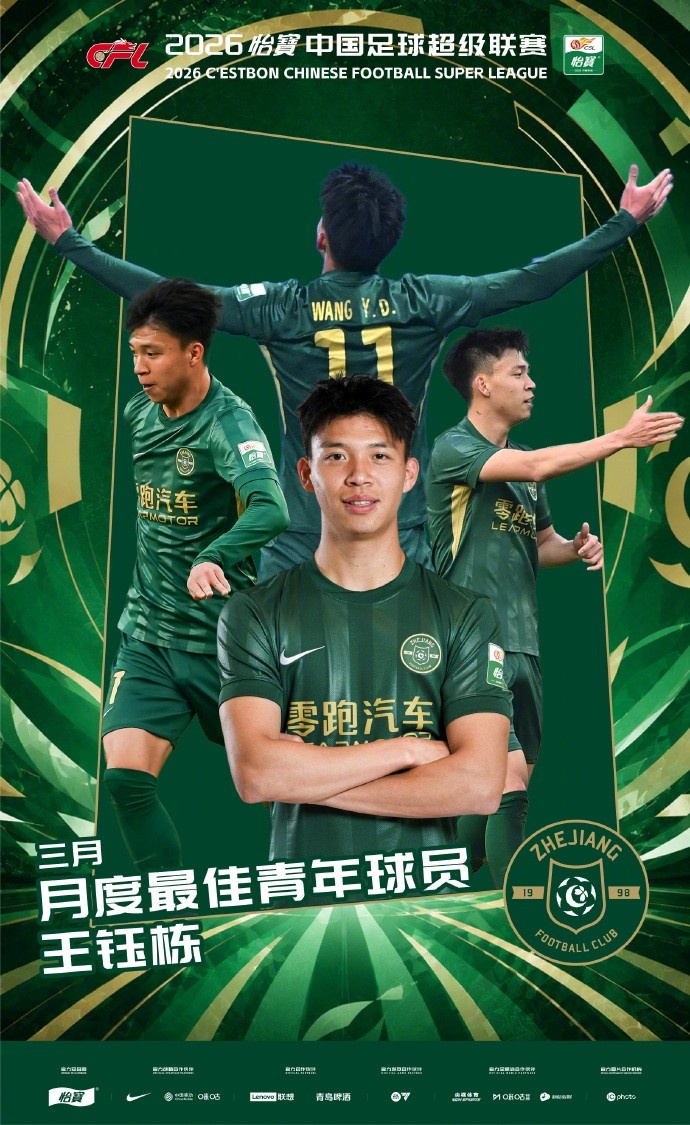 高效终结者:王钰栋3月3球1助攻获中超青年最佳